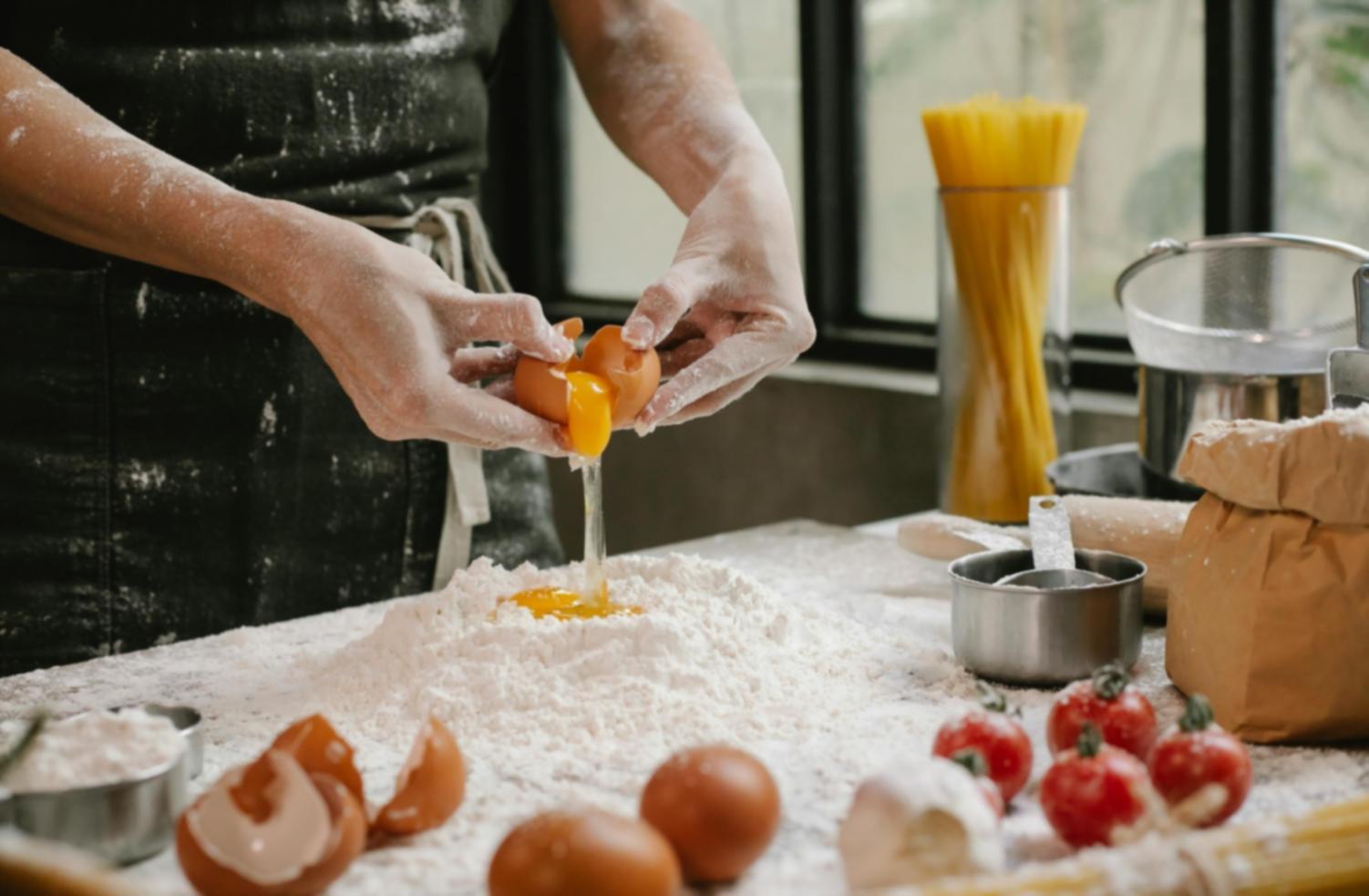 Professional kitchen workspace with fresh ingredients